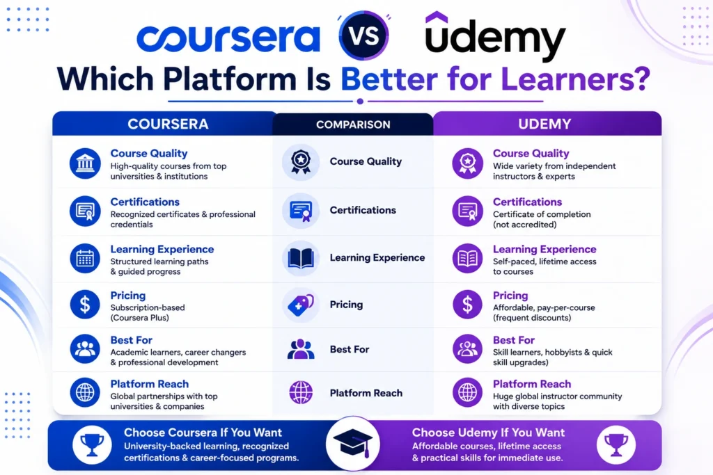 Basic Comparison Table of Coursera VS Udemy