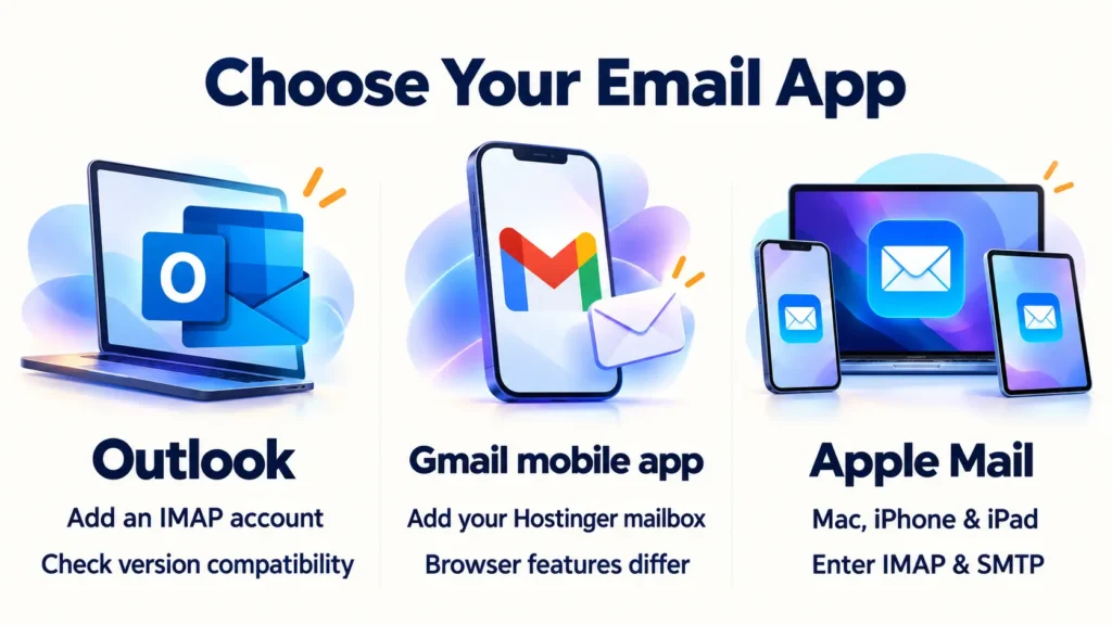 Choose Your Email App-4-Hostinger Email with Cloudflare -DNS MX Records, SPF, DKIM, DMARC, and Email Configuration, Outlook, Gmail & Apple Mail Setup Guide