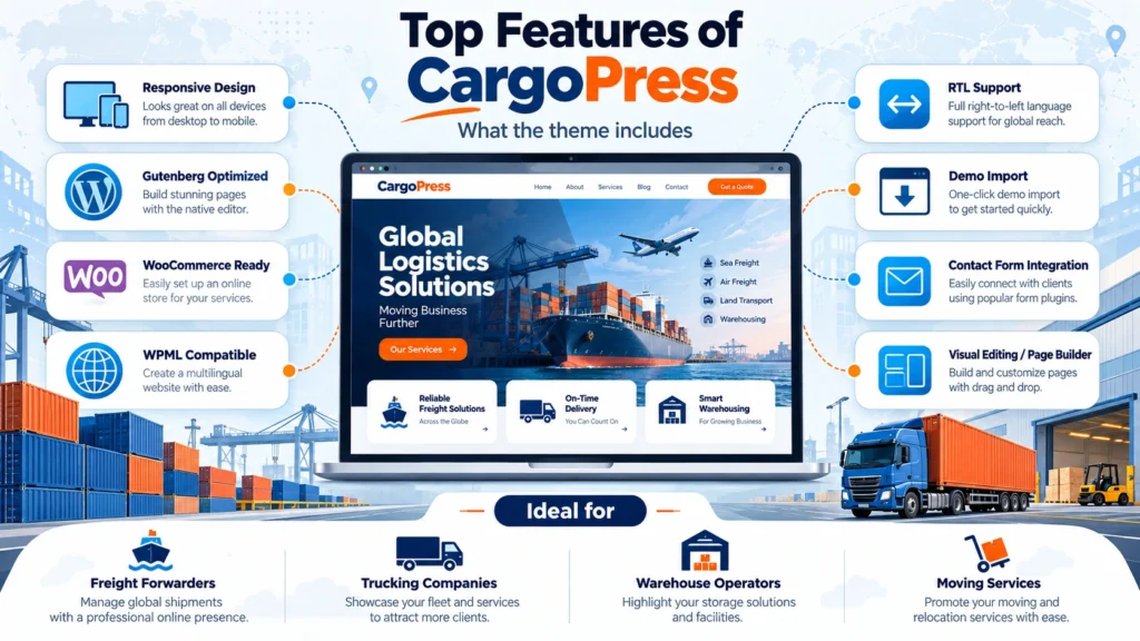 Features of NVOCC Freight Forwarding Transportation Shipping Company Website Template WordPress