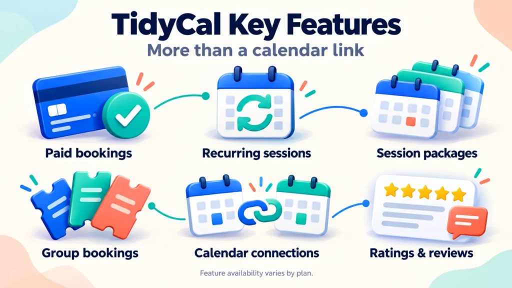 Key Features of TidyCal -Online Appointment Booking Software -Scheduling, Group Booking for Coaches, Therapists, Recruiters, Trainers, & Instructors -Alternative Calendly App